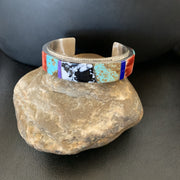 Men's White Turquoise Spiny Lapis Navajo Inlay Bracelet | Sterling Silver | Authentic Native American Handmade | 12237