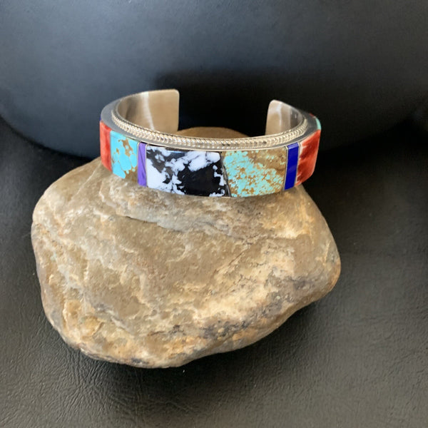 Men's White Turquoise Spiny Lapis Navajo Inlay Bracelet | Sterling Silver | Authentic Native American Handmade | 12237