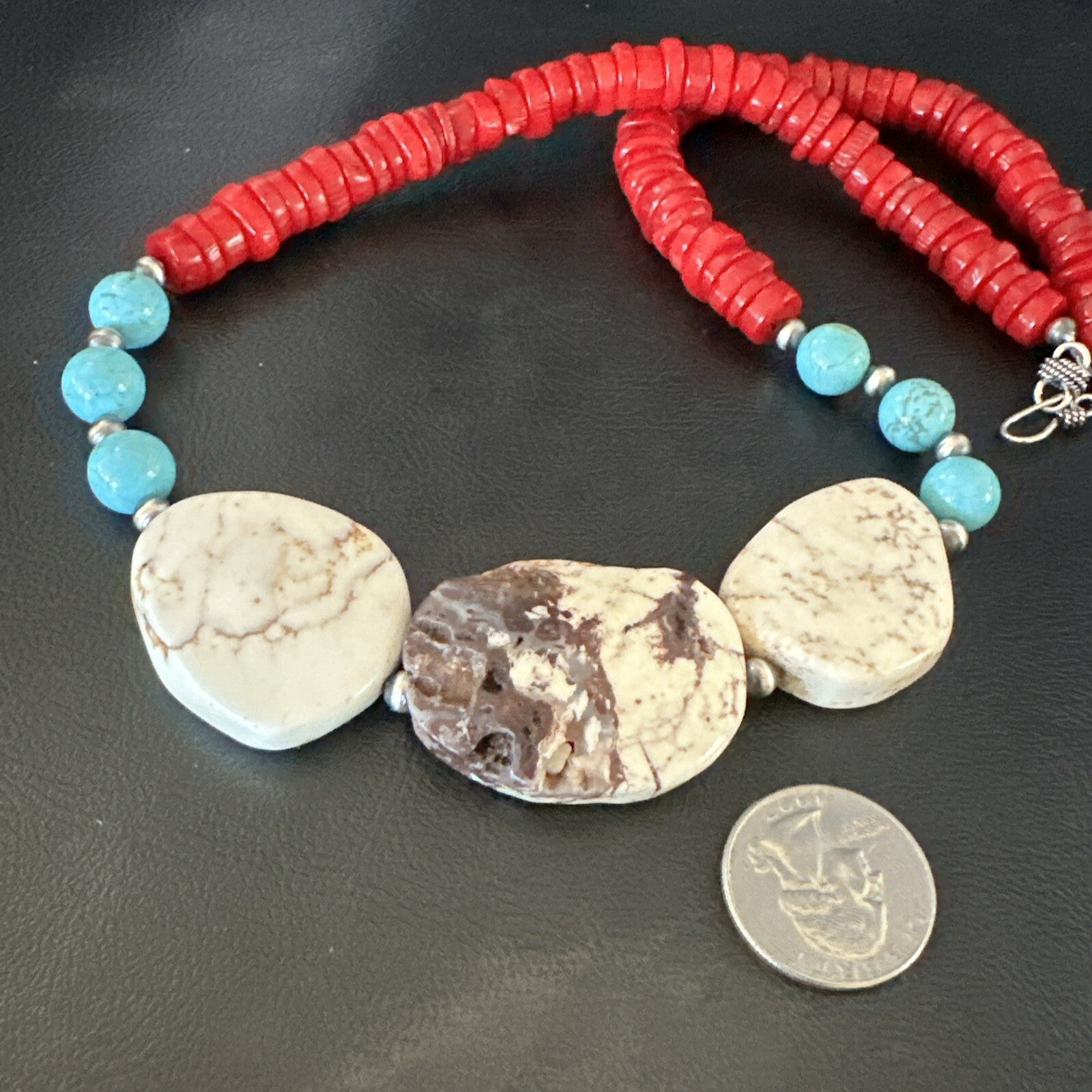 Mens Wild Horse Blue Turquoise Red Coral Navajo Sterling Silver Necklace 17980