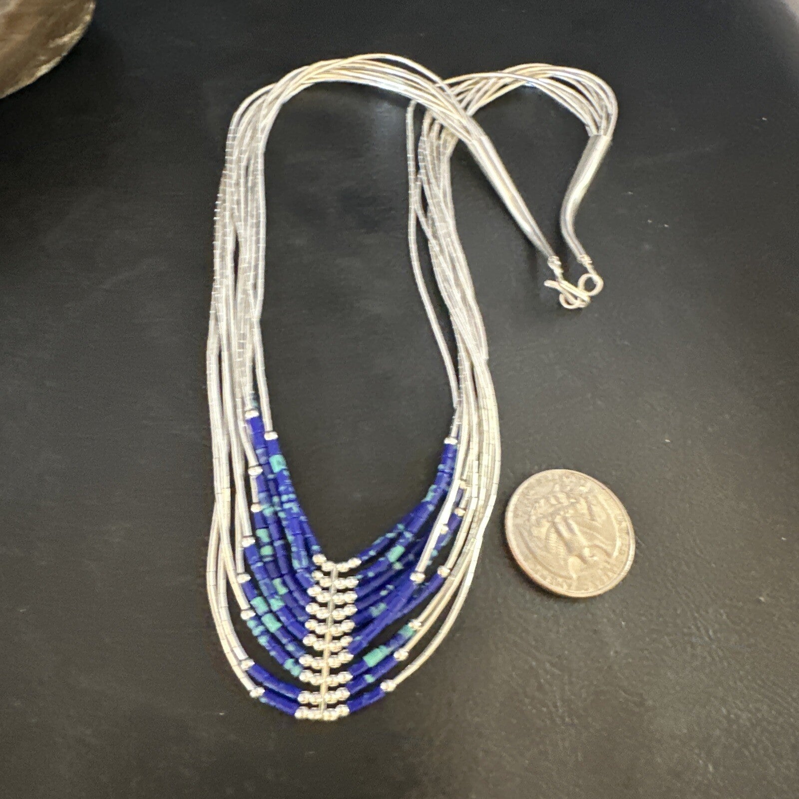 Blue Green Azurite Heishi 10Strand Stabilized Sterling Silver Necklace 18" 15135