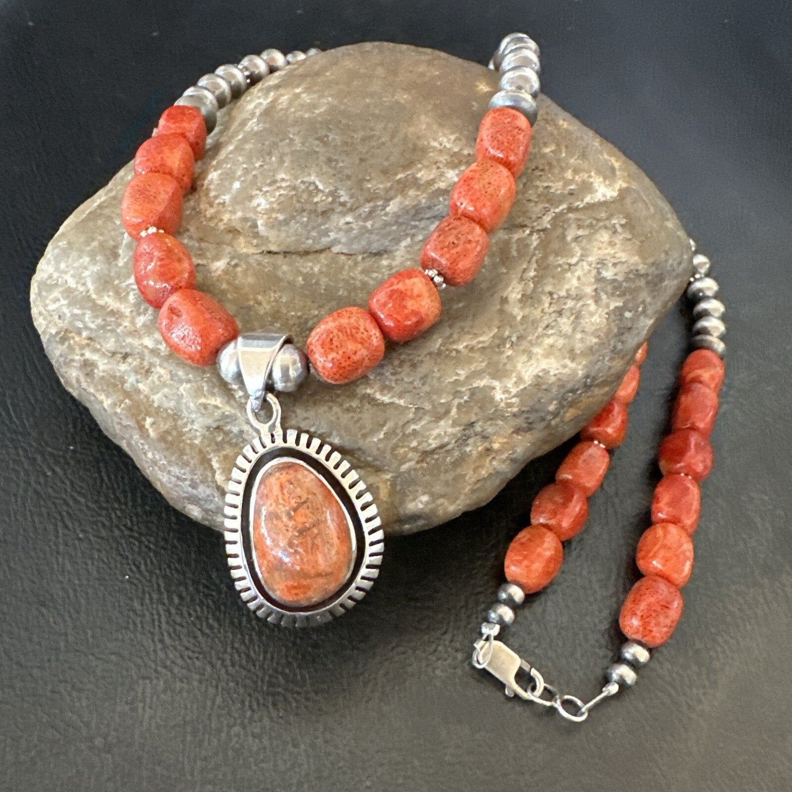 Navajo Pearls Apple Sponge Coral Sterling Silver Necklace Pendant 21” 18683