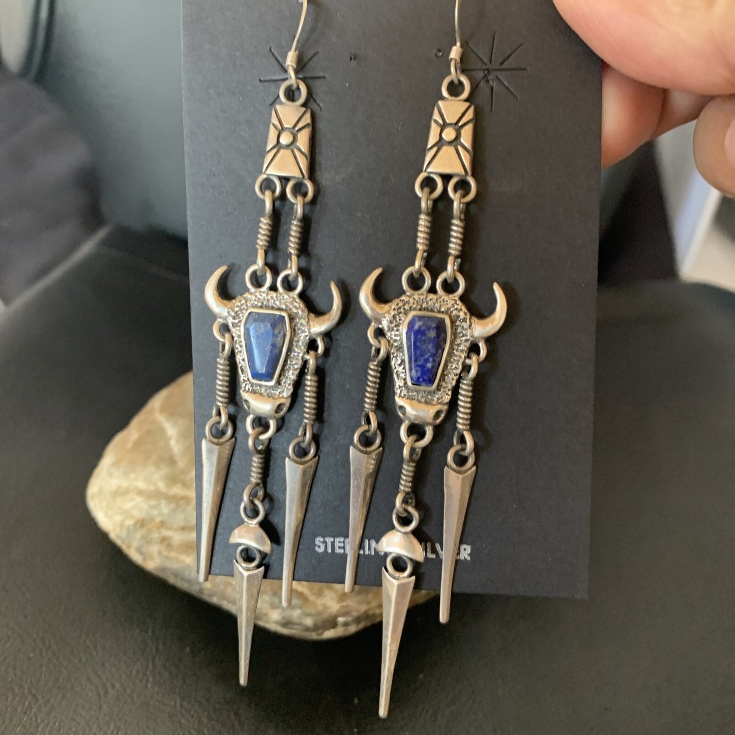 Denim Blue Lapis Lazuli Inlay Navajo Sterling Silver Dangle Earrings 04518