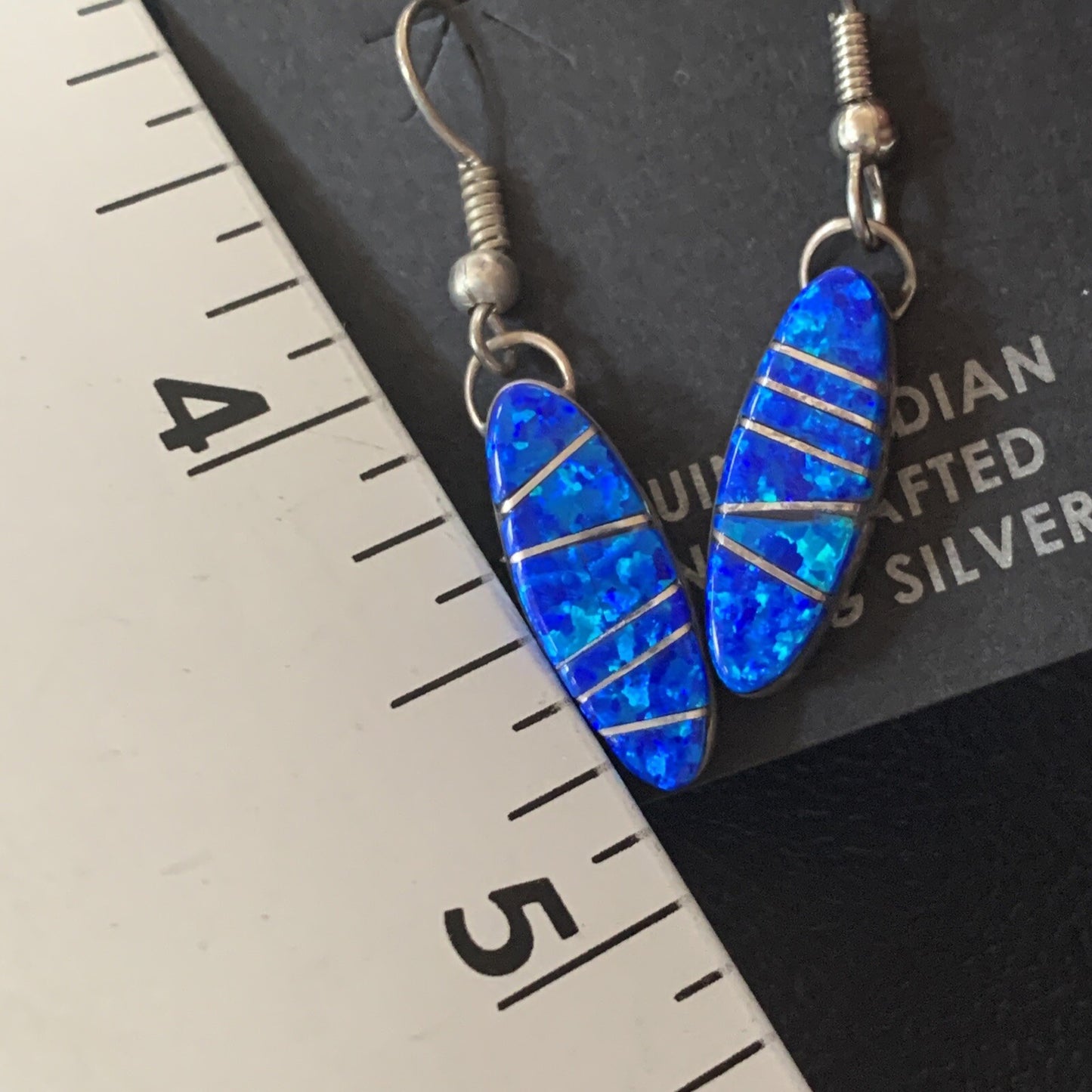 Womens Blue Opal Inlay Navajo Sterling Silver Dangle Earrings 12838