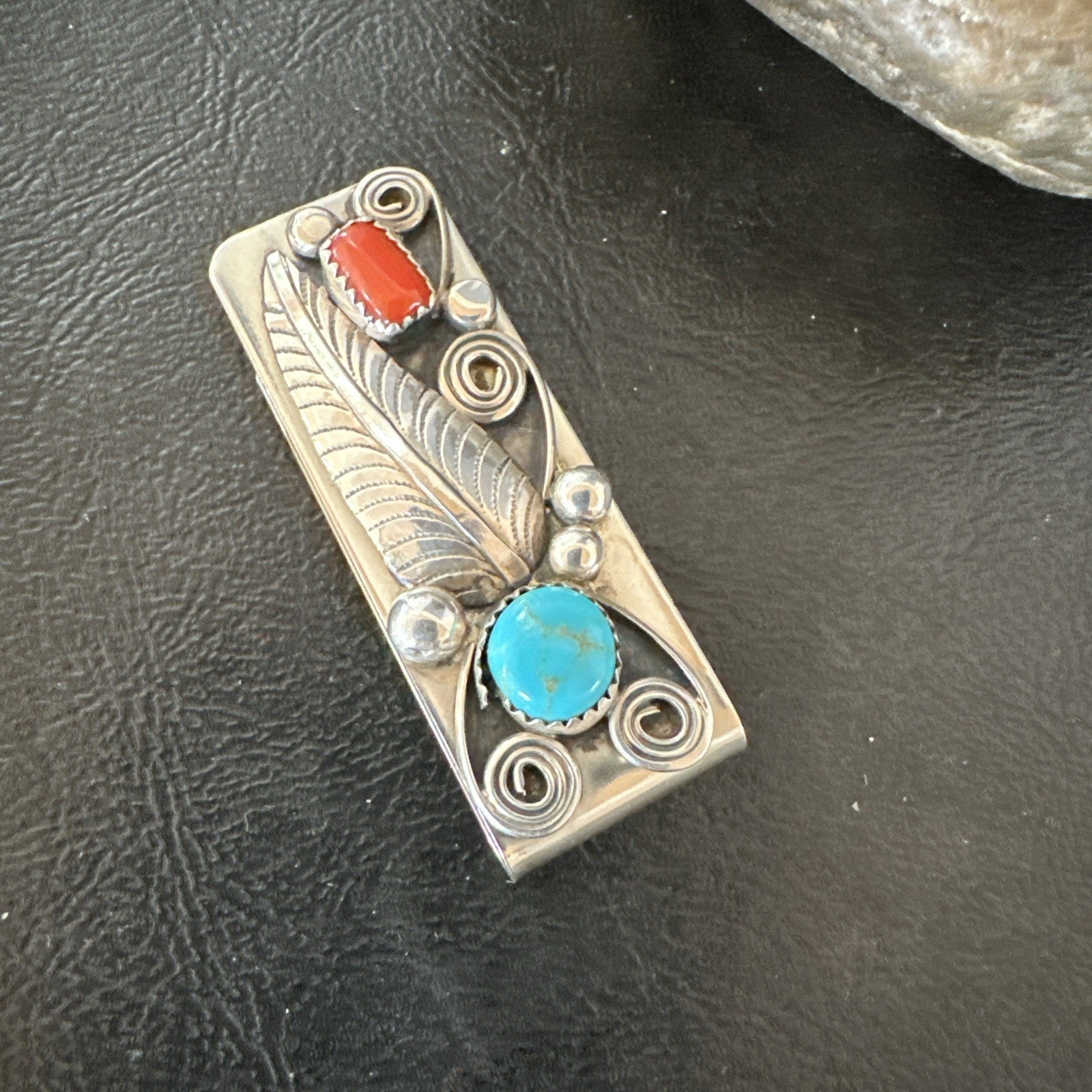 Mens Women Blue Turquoise Coral Navajo Stainless Stamped Silver Money Clip 19736