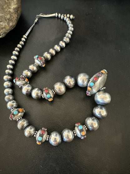 Multicolor Spiny Navajo Pearls Turquoise Sterling Silver Necklace 23” 19448