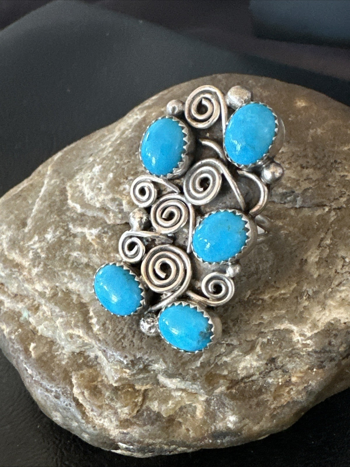 Navajo Blue Kingman Turquoise Ring MultiStone Cluster Sz 8 19801