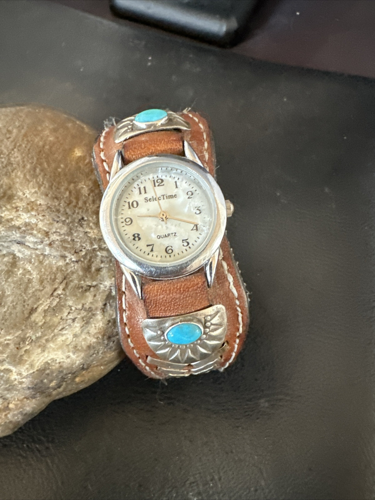 Womens Blue Turquoise Navajo Sterling Silver Cuff Watch Leather Bracelet 17736