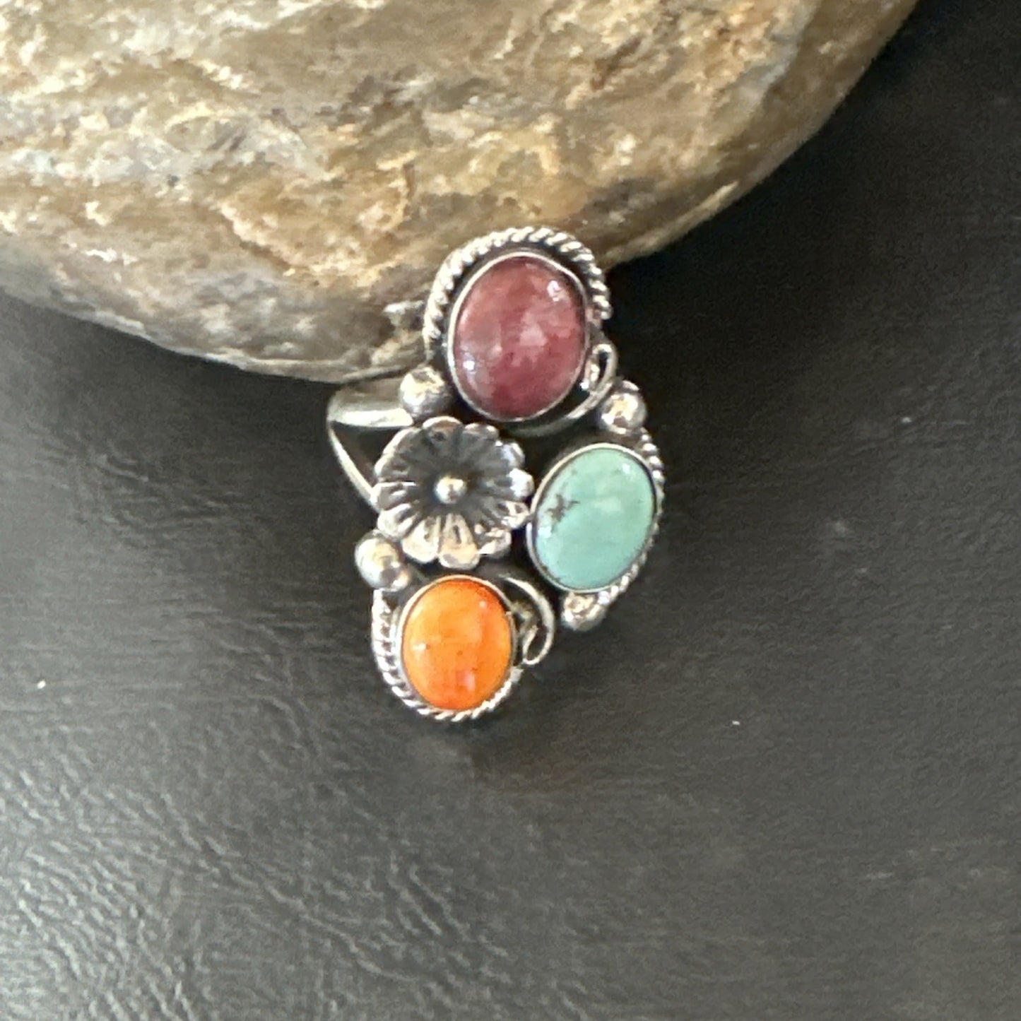 Multicolor Ring Turquoise Spiny Navajo Sterling Silver Cluster Size 8.5 19167