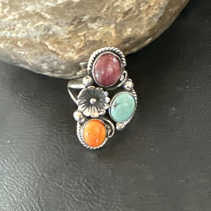 Multicolor Ring Turquoise Spiny Navajo Sterling Silver Cluster Size 8.5 19167