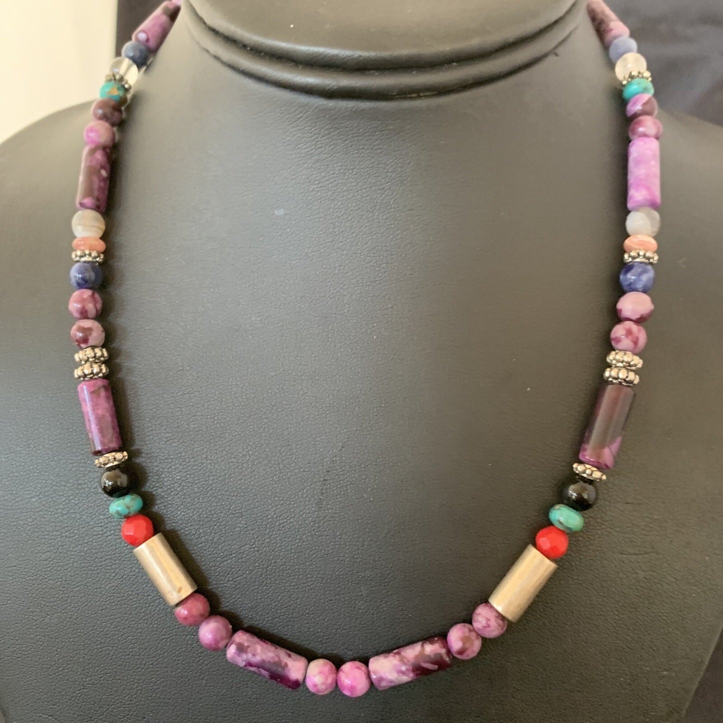 Turquoise Purple Stone & Coral Beads Navajo Sterling Silver Necklace 10391