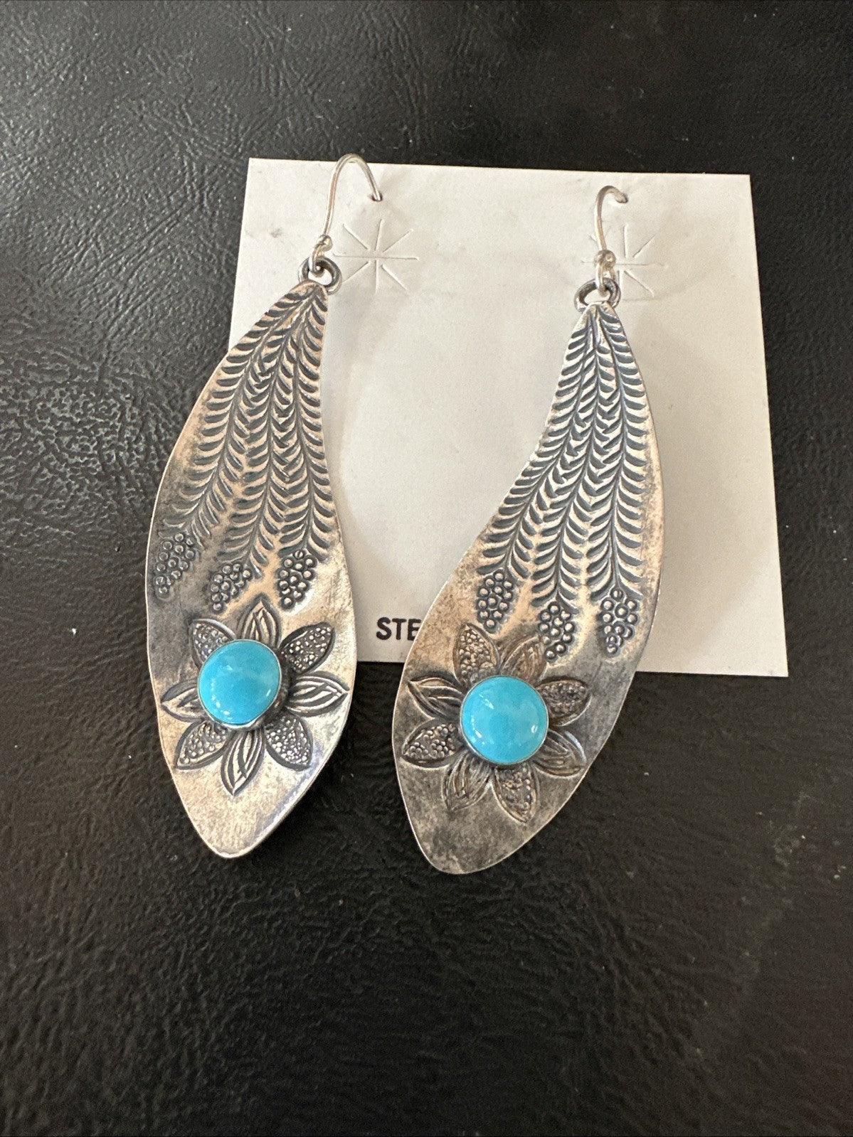 Womens Stamped Blue Turquoise Dangle Earrings Feather Sterling Silver 19785