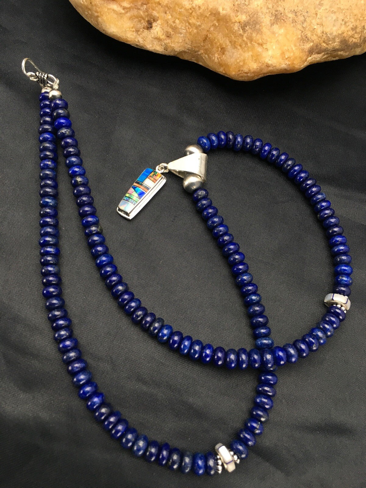 NAVAJO Sterling Silver Necklace Lapis Opal Pendant Set 22" 2907