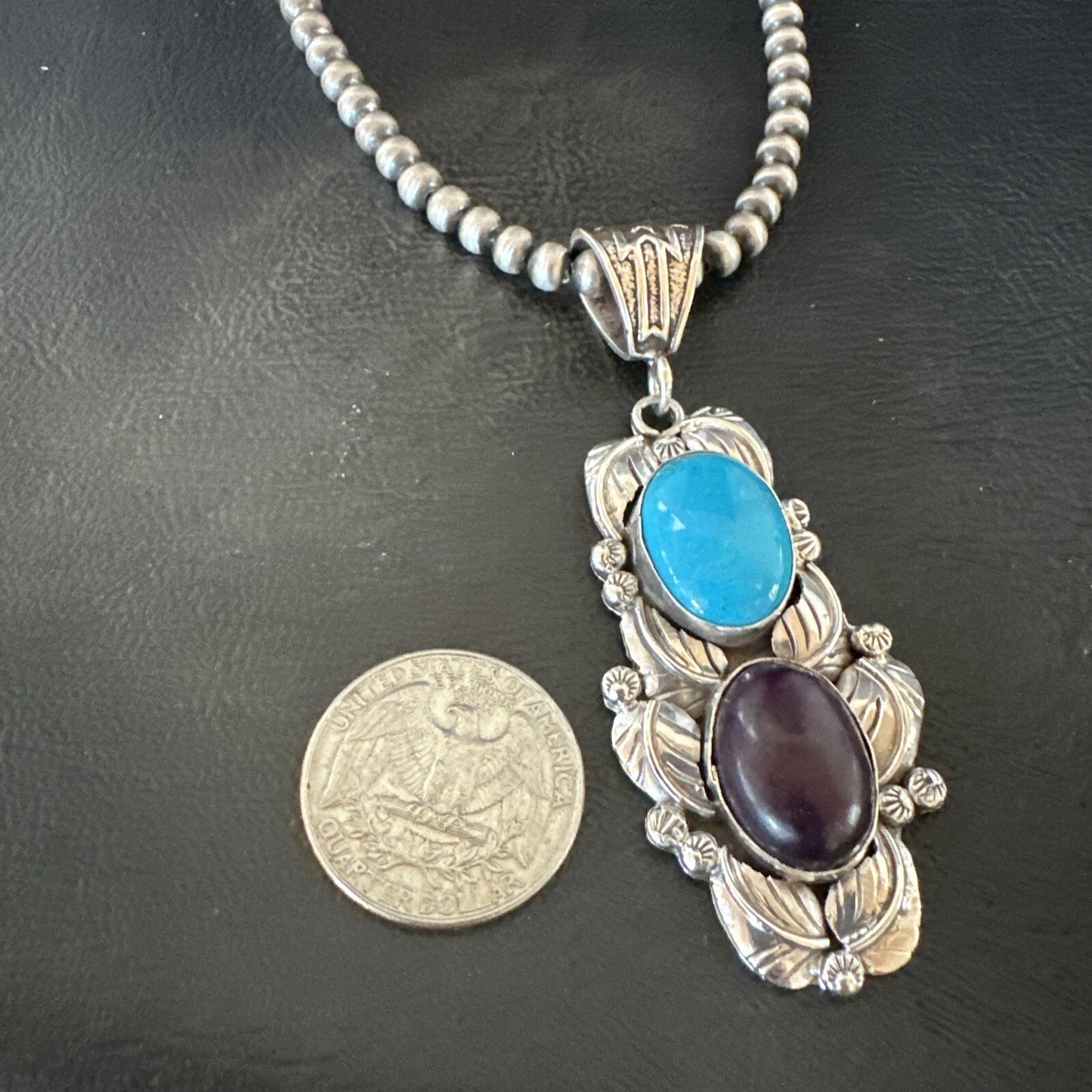 Blue Kingman Turquoise  Purple Stone Pendant Navajo Sterling Silver 18039