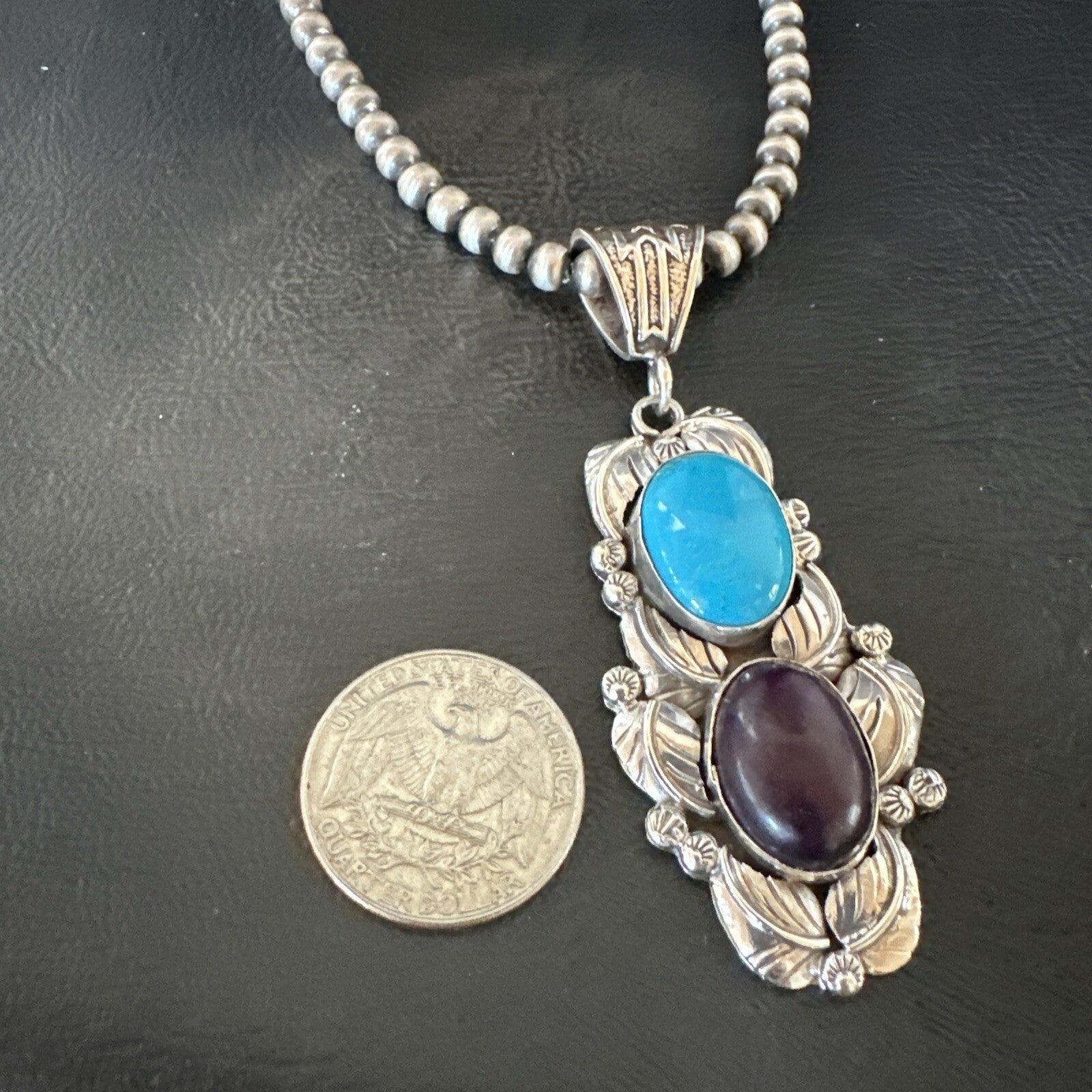Blue Kingman Turquoise  Purple Stone Pendant Navajo Sterling Silver 18039