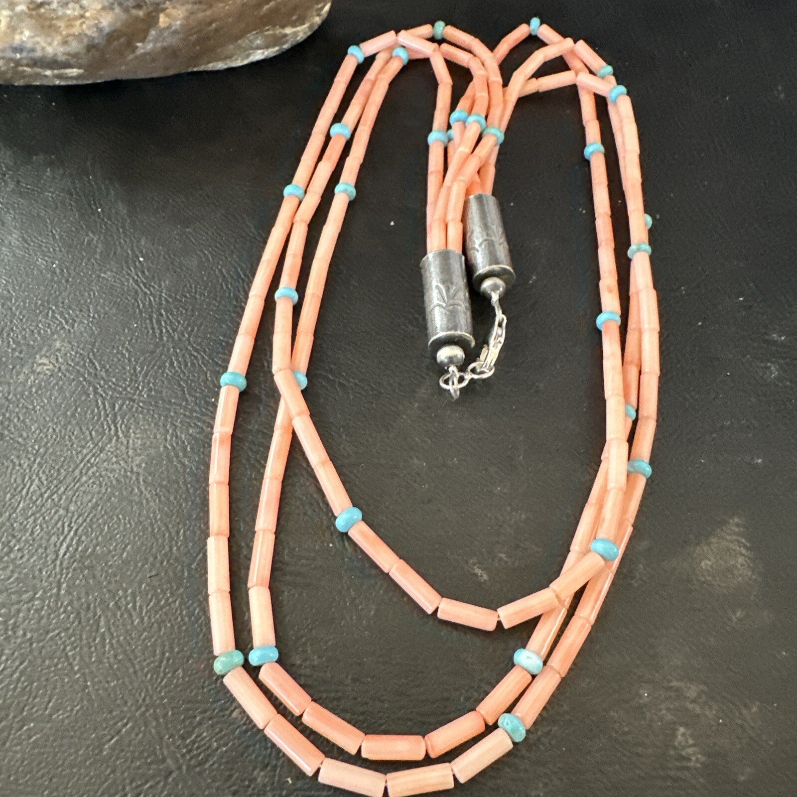 Native American Turquoise Pink Coral Sterling Silver 3 Strand Necklace 21" 17816
