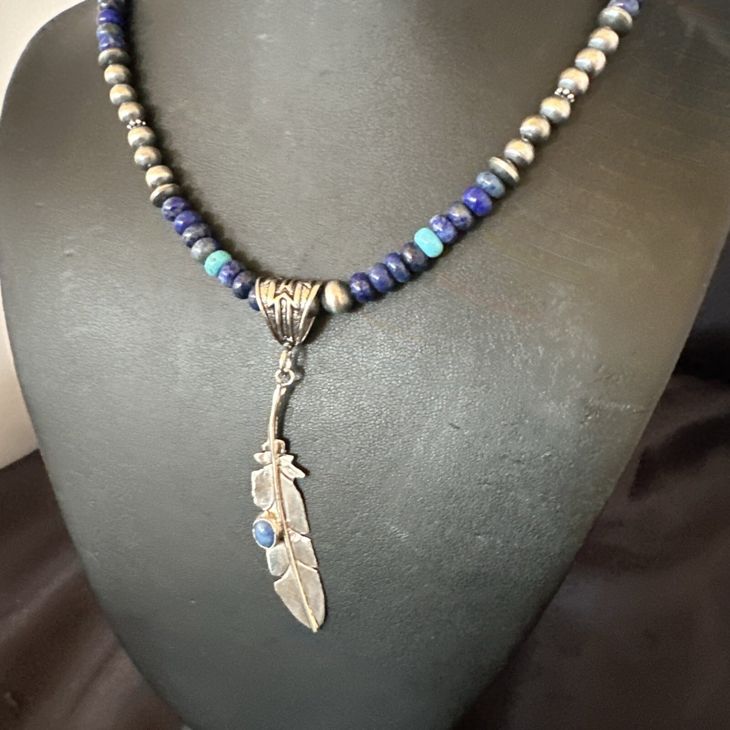 Blue Turquoise Lapis Feather Pendant Navajo Sterling Silver Necklace 21” 17789