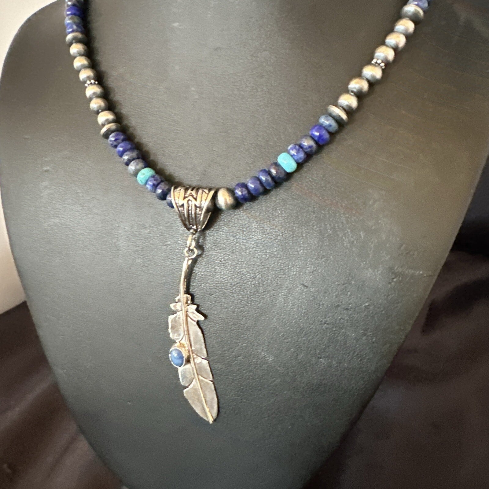 Blue Turquoise Lapis Feather Pendant Navajo Sterling Silver Necklace 21” 17789