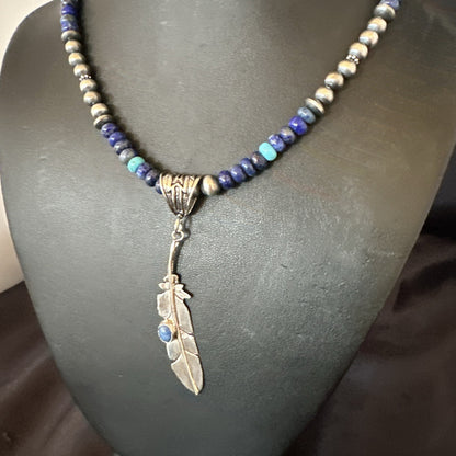 Blue Turquoise Lapis Feather Pendant Navajo Sterling Silver Necklace 21” 17789
