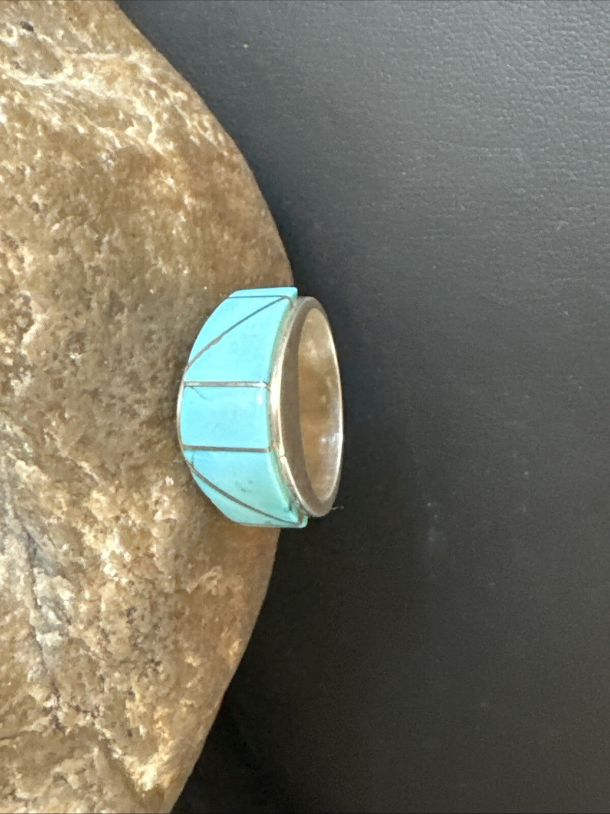 Blue Turquoise Native Navajo Sterling Silver Inlay Band Ring Size 7 18814