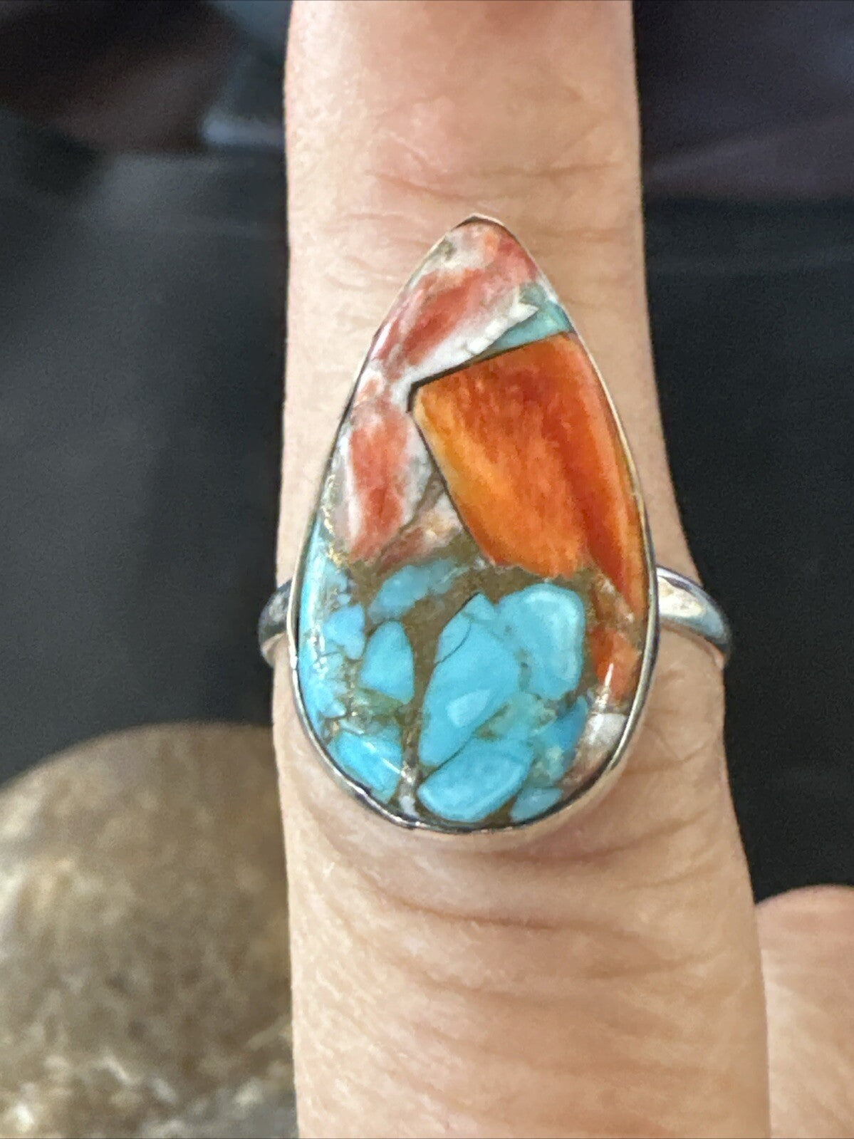 Blue Turquoise Spiny Oyster Southwestern Sterling Silver Ring Size 8 18435