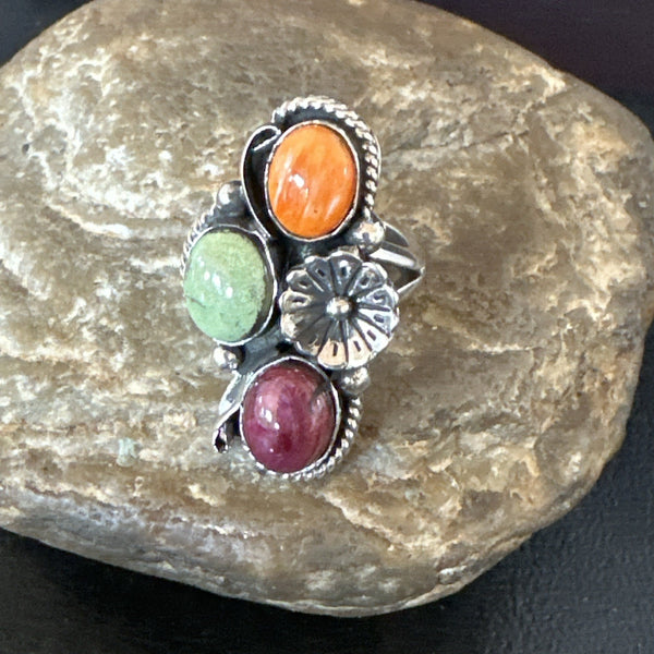 Multicolor Ring Turquoise Spiny Navajo Cluster Size 8 | Sterling Silver | Authentic Native American Handmade | 19169