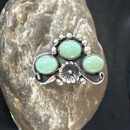 Yazzie Ring Green Turquoise Navajo Sterling Silver Cluster Size 8.5 19231