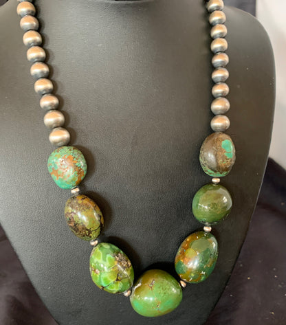 Chunky Navajo Spider Web Green Turquoise Sterling Silver Necklace 20" 11762