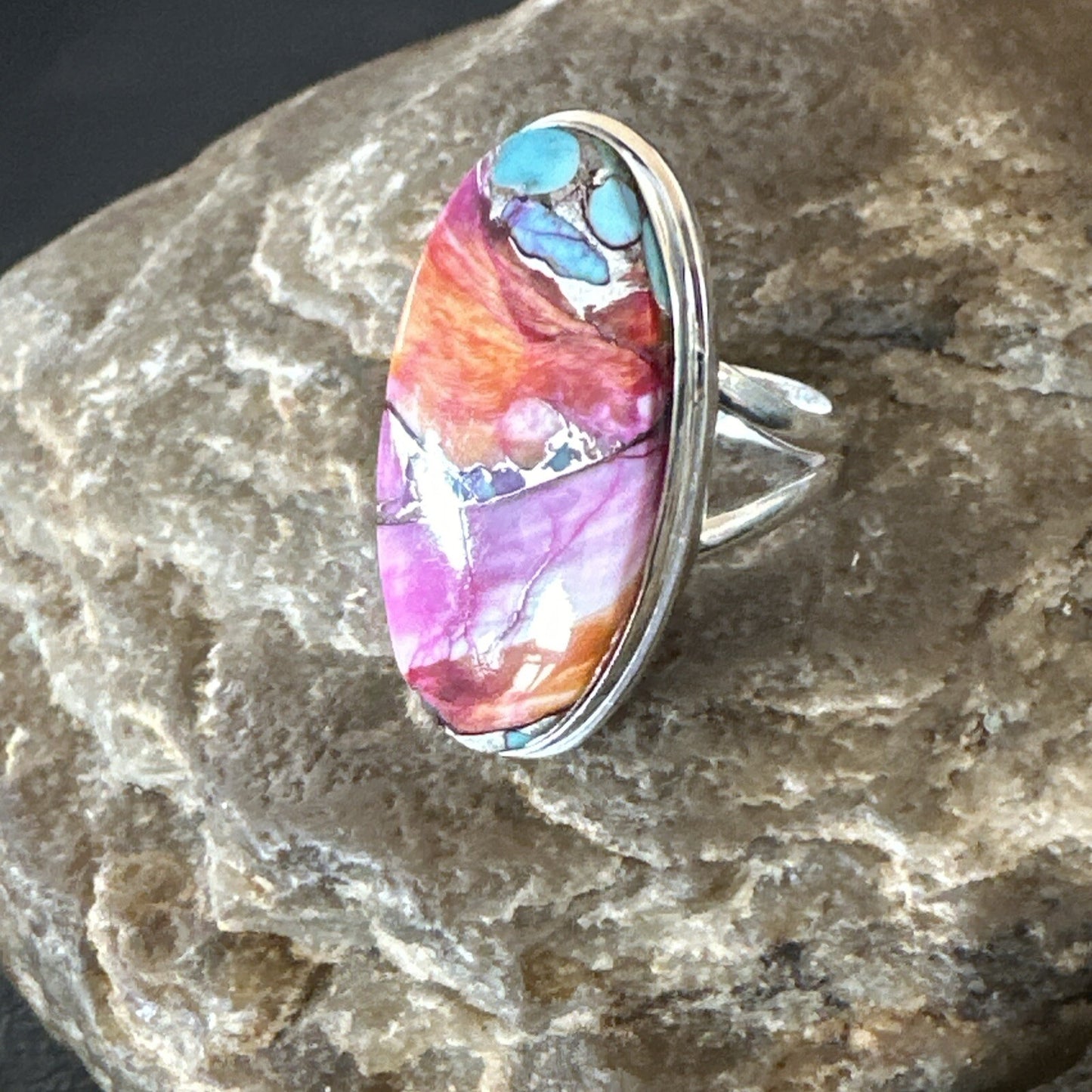 Blue Turquoise Spiny Oyster Southwestern Sterling Silver Ring Size 7 18494