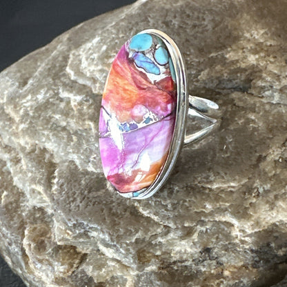 Blue Turquoise Spiny Oyster Southwestern Sterling Silver Ring Size 7 18494