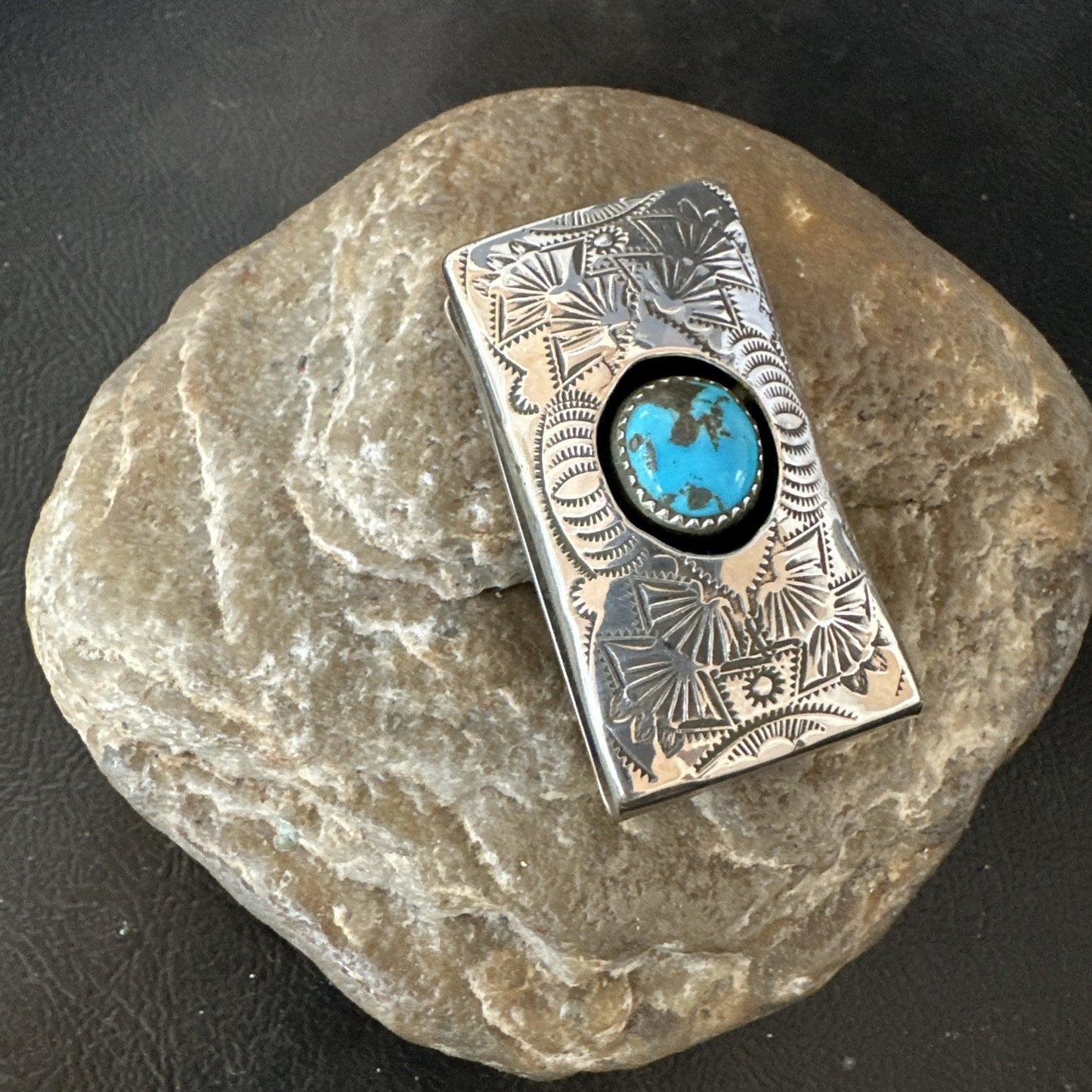Mens Womens Blue Turquoise Navajo Stainless Stamped Silver Money Clip 19733