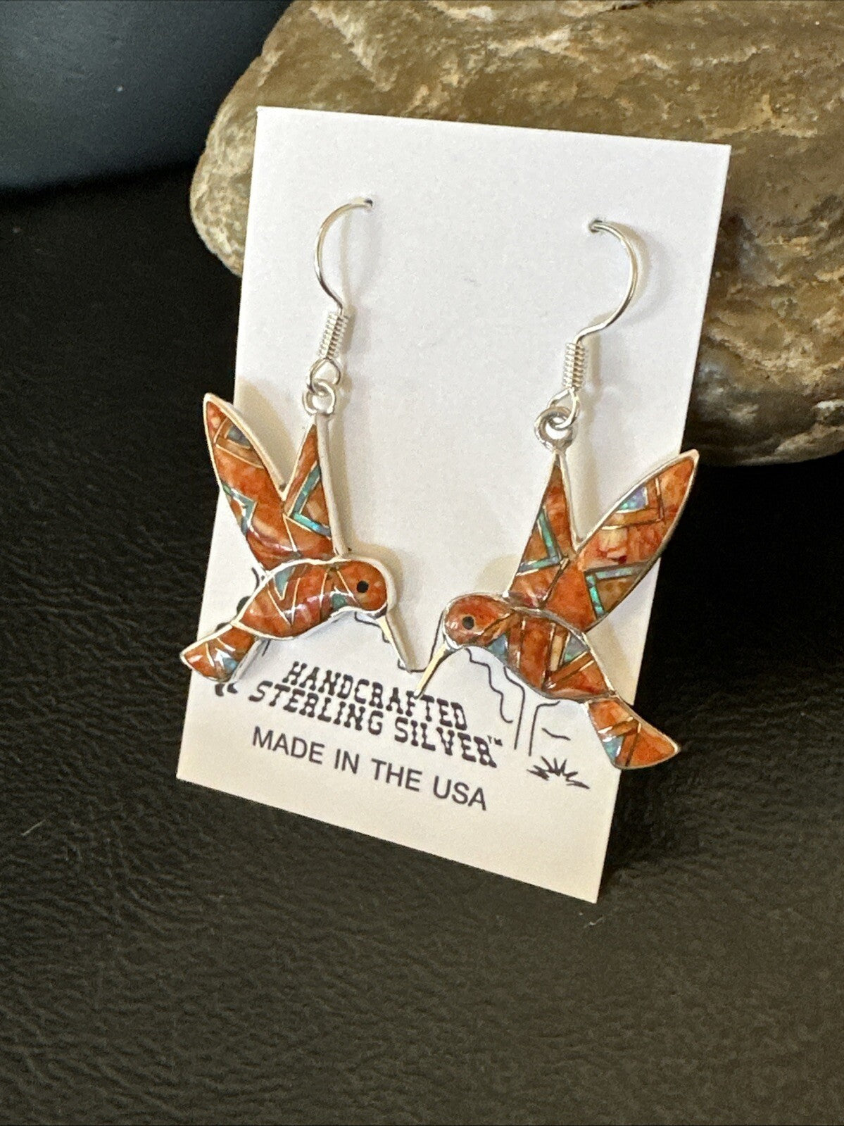Orange Spiny Oyster Opal Sterling Silver Hummingbird Dangle Earrings 18552