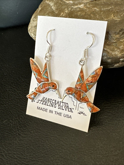 Orange Spiny Oyster Opal Sterling Silver Hummingbird Dangle Earrings 18552