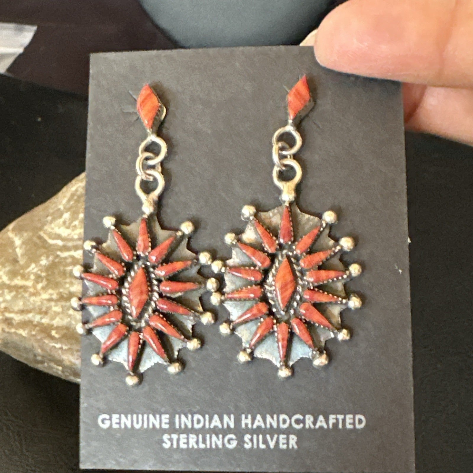 Red Coral Needlepoint Zuni Sterling Silver Dangle Earrings 19100