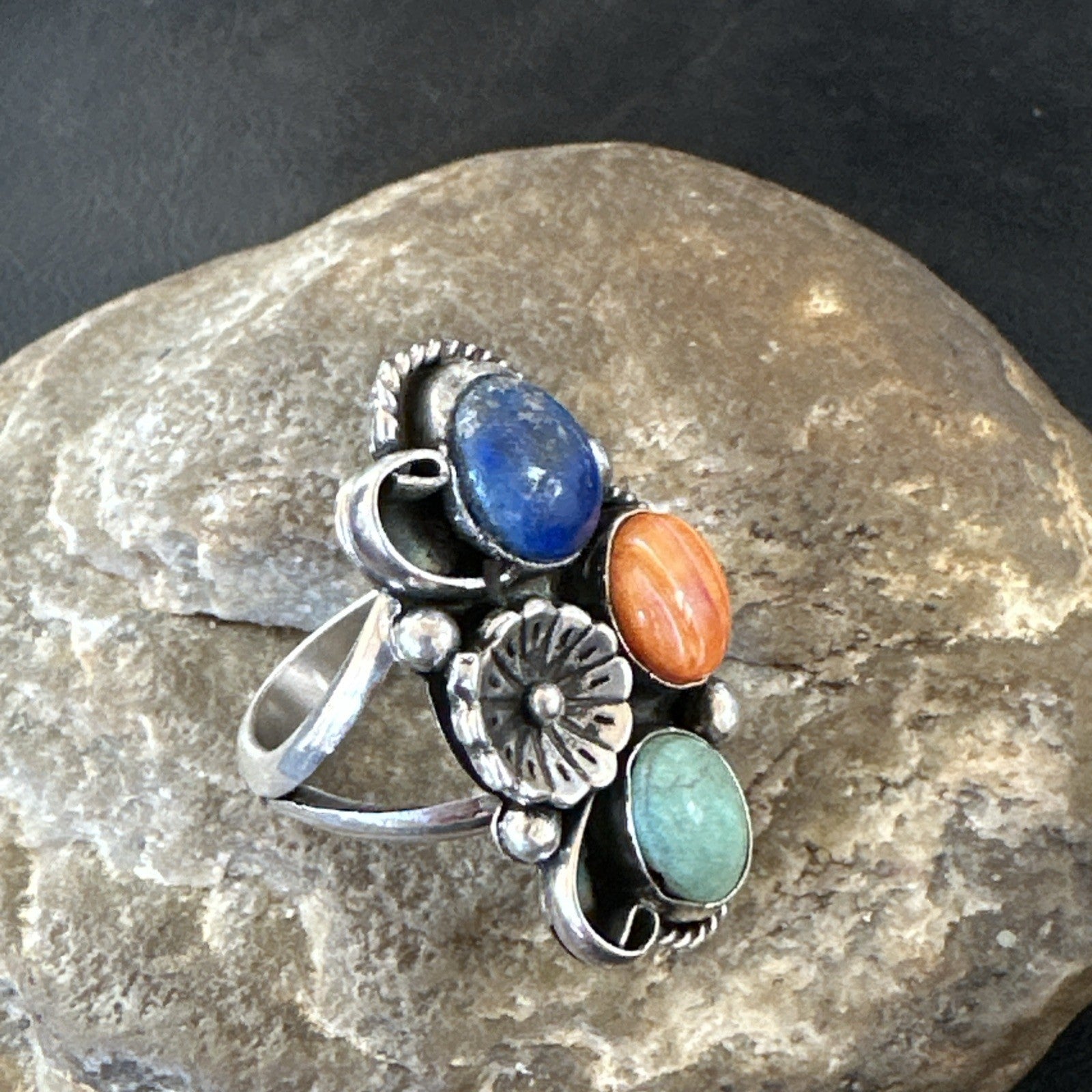 Yazzie Ring Turquoise Lapis Spiny Navajo Sterling Silver Cluster Sz 8.5 19315