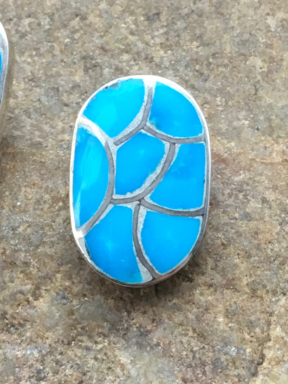 Blue Turquoise Zuni Sterling Silver Inlay Earrings 1.25" 1072