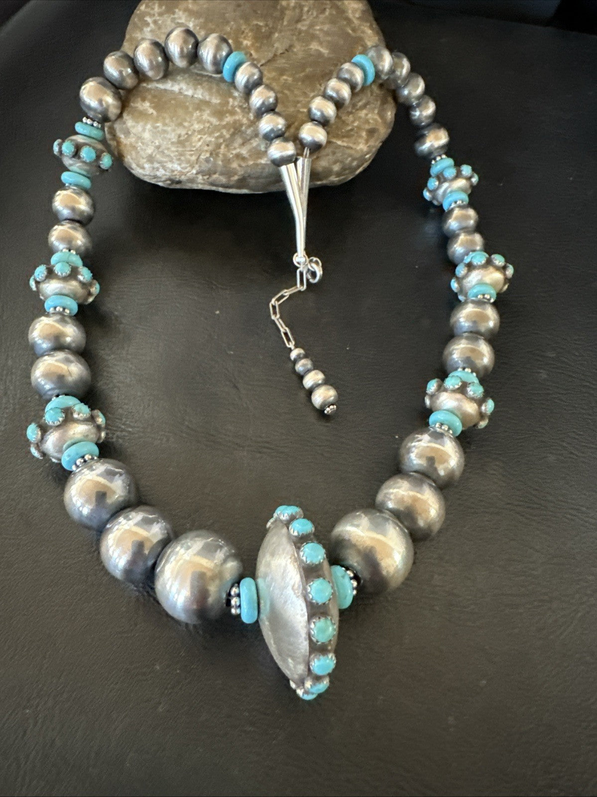 Navajo Pearls Blue Kingman Turquoise Sterling Silver Necklace 23” 19449