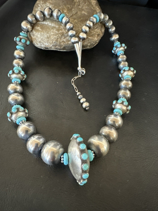 Navajo Pearls Blue Kingman Turquoise Necklace 23" | Sterling Silver | Authentic Native American Handmade | 19449