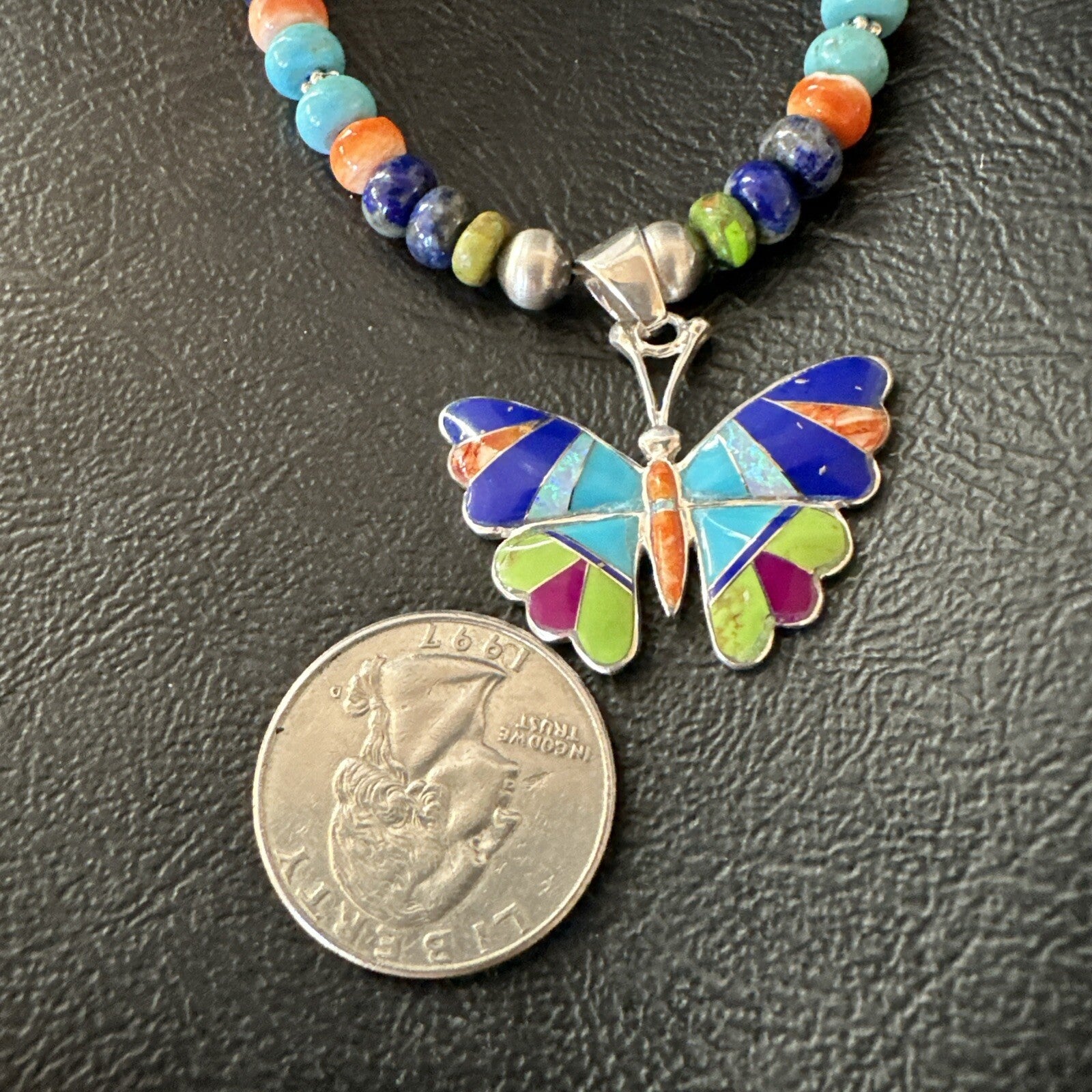 Butterfly Multicolor Turquoise Pendant Navajo Sterling Silver Necklace 18729