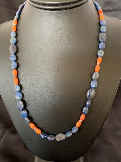 Mens Lapis Orange Spiny Oyster Navajo Pearls Sterling Silver Necklace 20" 01489
