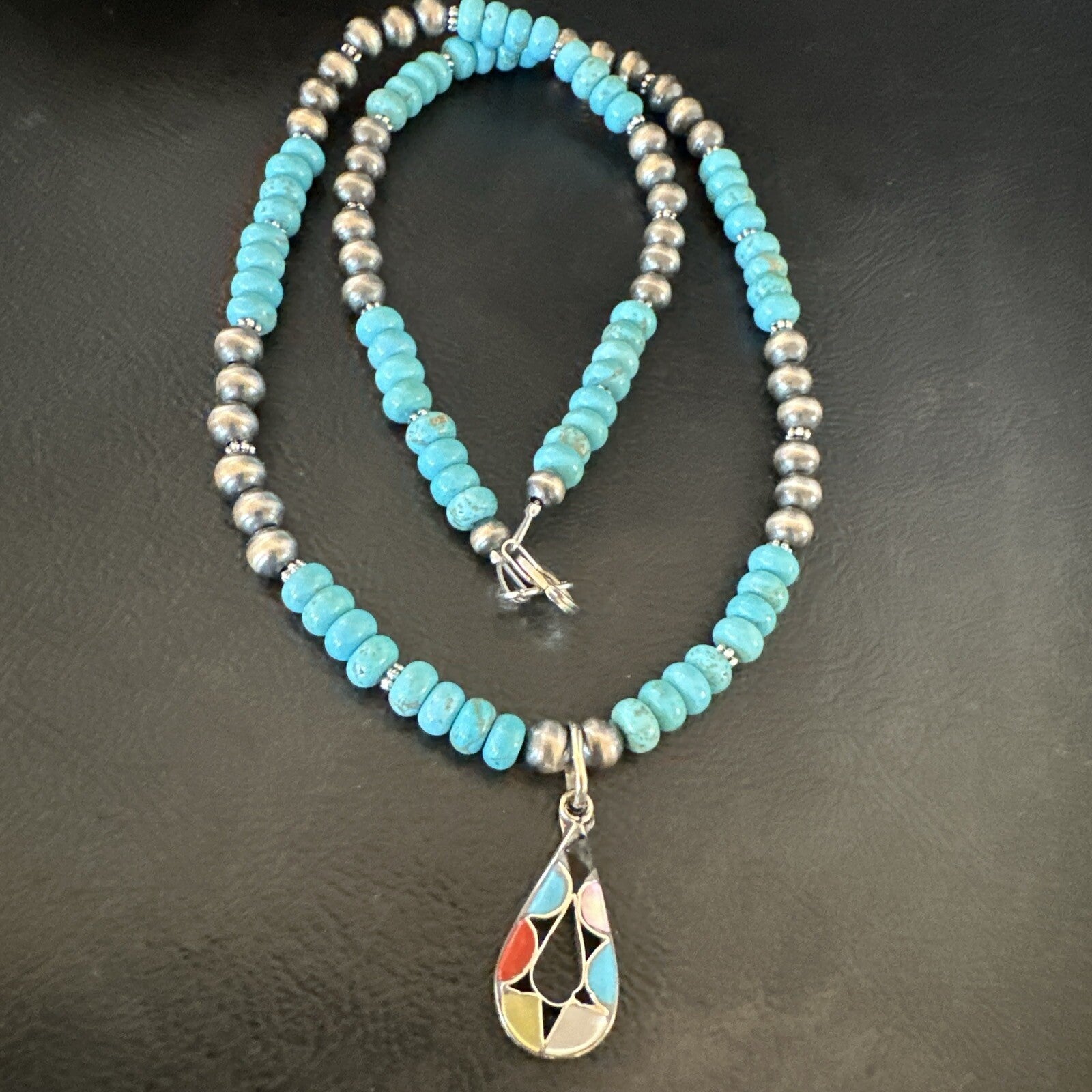 Zuni Turquoise Pink MOP Inlay Pendant 2Sided Necklace Sterling Silver 18062