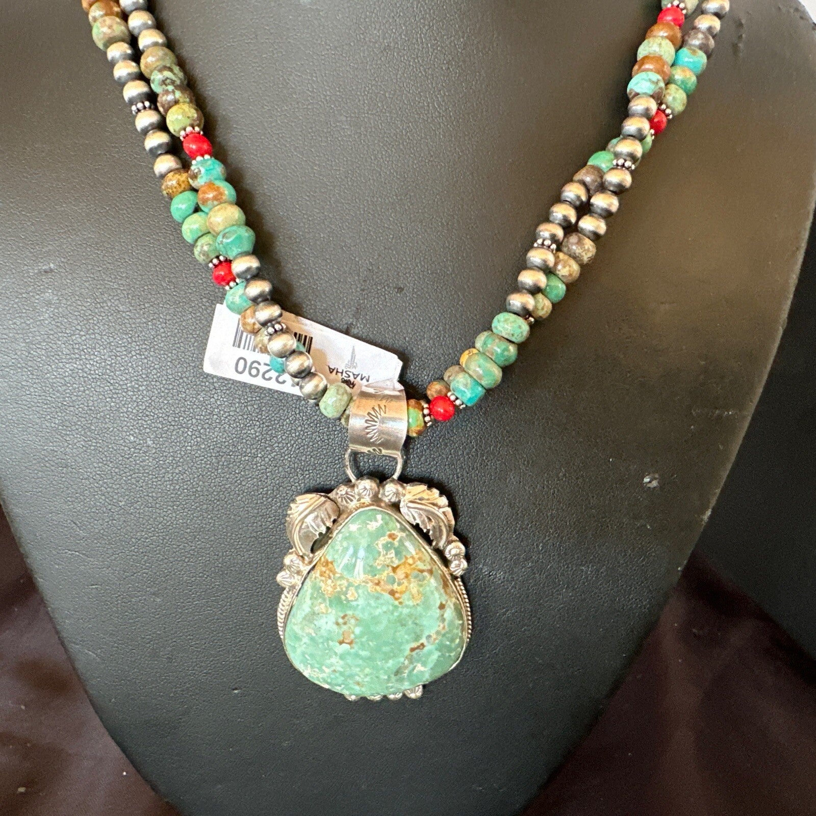 Womens Green Royston Turquoise Pendant Navajo Sterling Silver Necklace 12290
