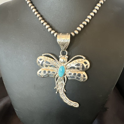 Navajo Dragonfly Blue Turquoise Sterling Silver Necklace Pendant 3" 18579