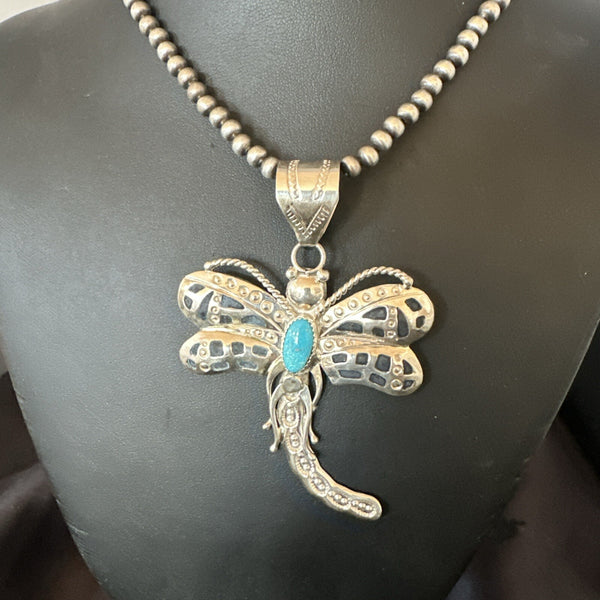 Navajo Dragonfly Blue Turquoise Necklace Pendant 3" | Sterling Silver | Authentic Native American Handmade | 18579