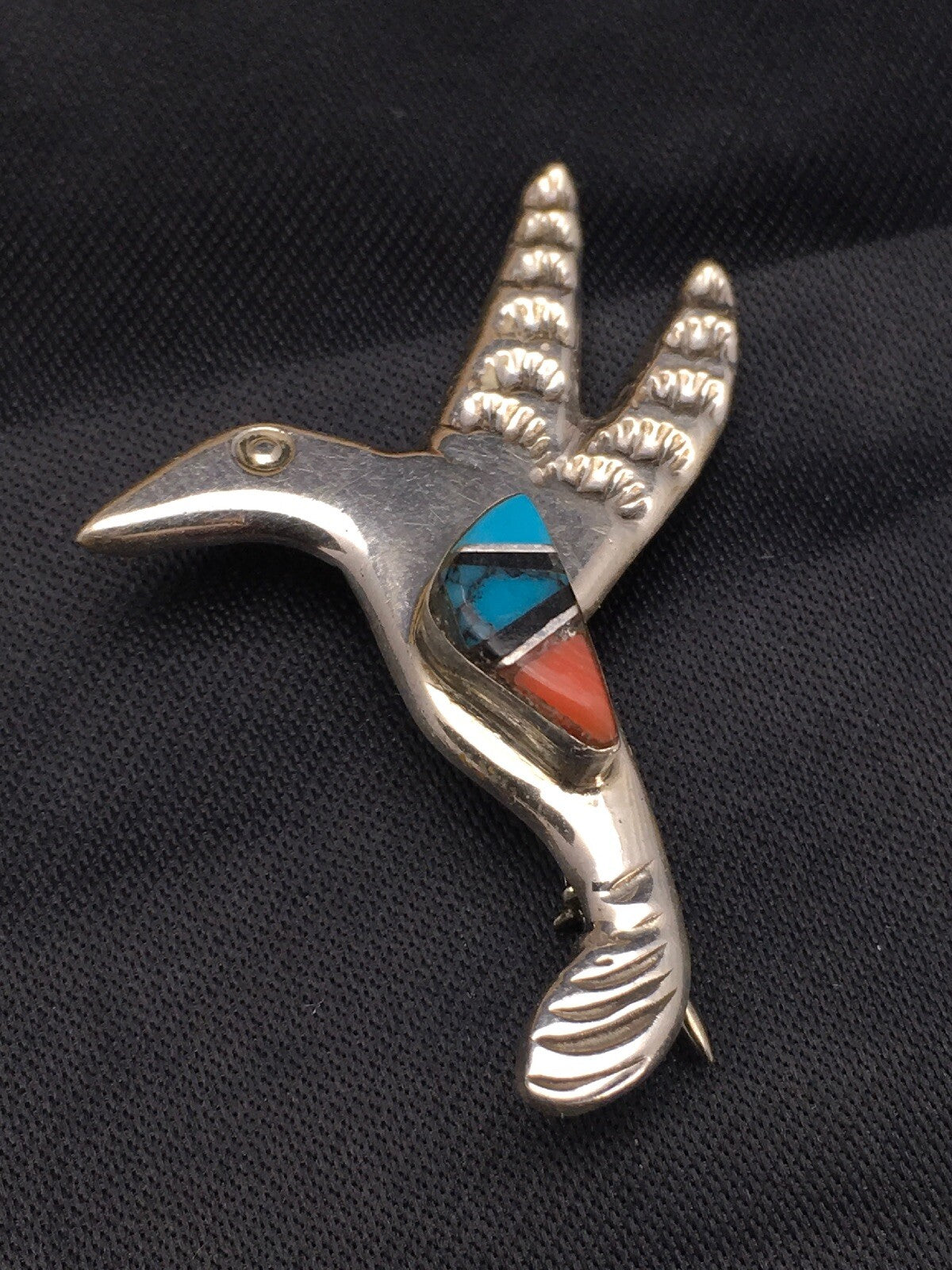 Coral & Turquoise Hummingbird Navajo Sterling Silver Inlay Pin 02901