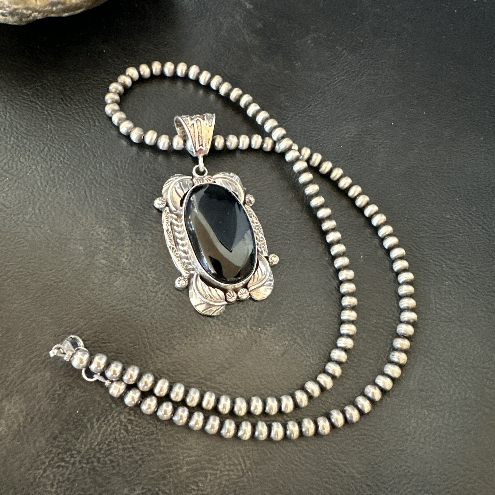 Mens Womens Black Onyx Pendant Navajo Sterling Silver Beads Necklace 18298