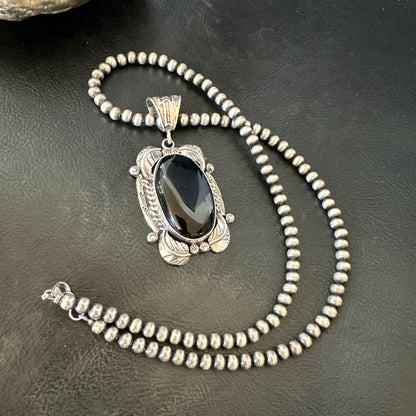 Mens Womens Black Onyx Pendant Navajo Sterling Silver Beads Necklace 18298