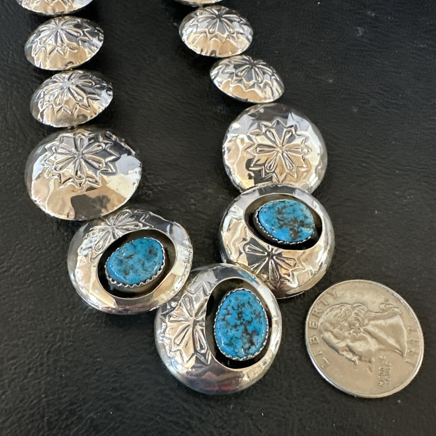 Kingman Turquoise Pillow Bead Navajo Sterling Silver Necklace Earrings 24" 17768