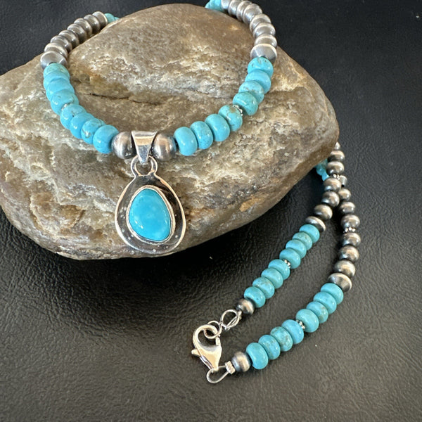Women's Blue Kingman Turquoise Pendant Navajo Necklace 21" | Sterling Silver | Authentic Native American Handmade | 18150