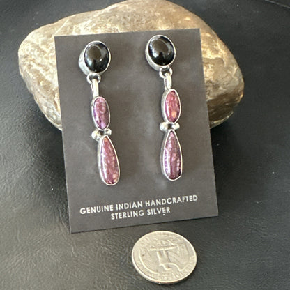 Purple Spiny Oyster Onyx Navajo Sterling Silver Dangle Earrings 2" 18570