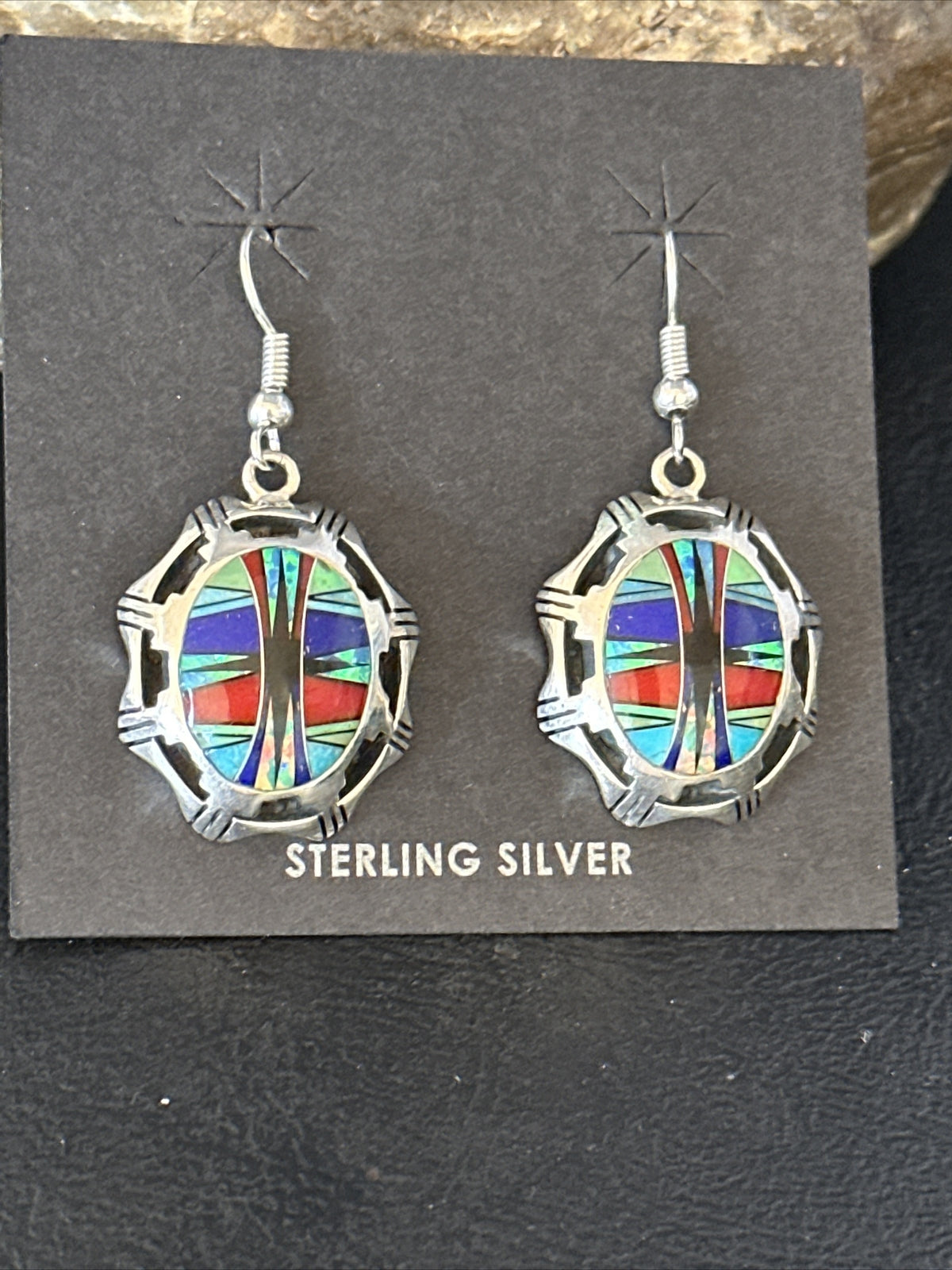 Blue Turquoise & Spiny Oyster Navajo Sterling Silver Inlay Earrings 1” 14763